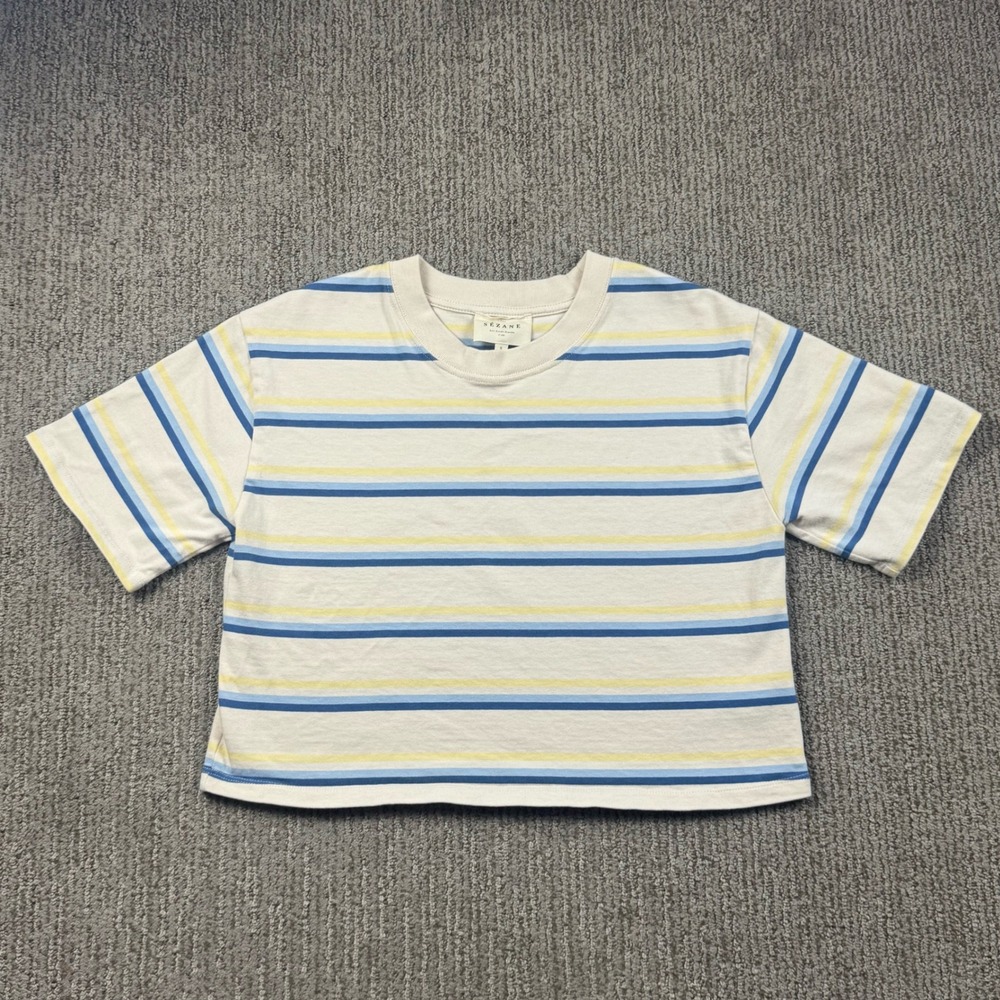 Sezane Marlo T-Shirt Cropped Oversized Womens S Organic Cotton Cream Blue Stripe